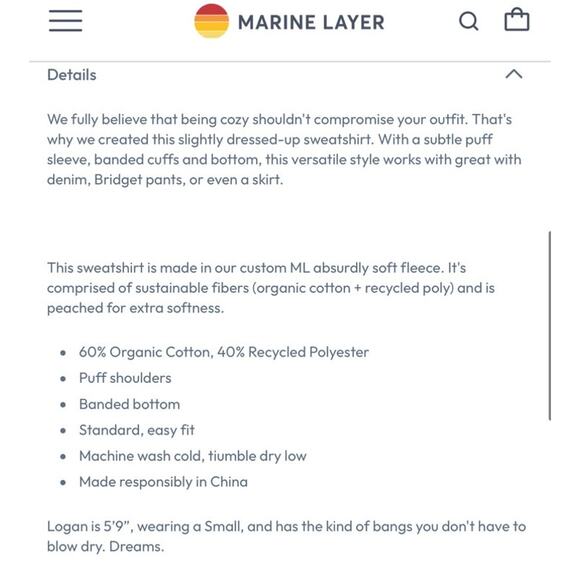 Marine Layer Enya Puff Sleeve Sweatshirt Style 16117 Womens Sz Small Cream *Flaw - Picture 9 of 16